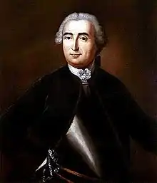 A half-length portrait of Montcalm, who is dressed mainly in black but also wears a metal breastplate and a powdered wig against a dark brown background.