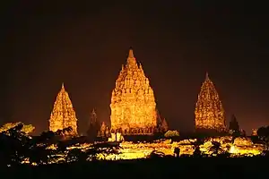 Three temples, lit up at night