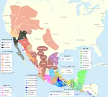 Approximate pre-contact distribution of native language families with presence in present-day Mexico (and elsewhere)