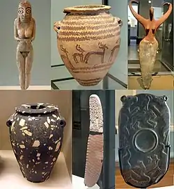 Artifacts of Egypt from the Prehistoric period, from 4400 to 3100 BC. First row from top left: a Badarian ivory figurine, a Naqada jar, a Bat figurine. Second row: a diorite vase, a flint knife, a cosmetic palette.