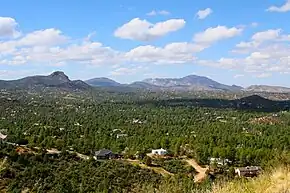 Northerly view of Thumb Butte, Granite Mountain massif, and S & W Prescott.(The Sierra Prieta is to the photo-left.)