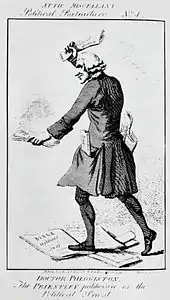 Caricature of man in frock coat and wig trampling on sacred documents and burning others.