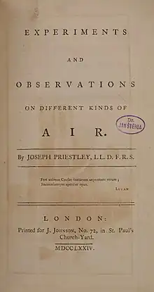 Title page to volume I of Experiments and Observations on Different Kinds of Air (1774)