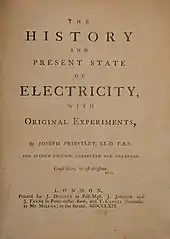 Title page to The History and Present State of Electricity (1769)