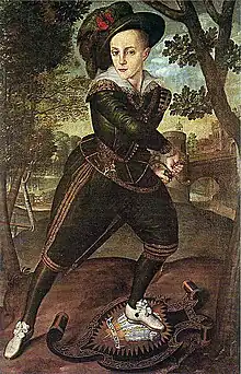 Prince Henry by Robert Peake the Elder in 1610. His foot rests on a shield bearing the device of the Prince of Wales, a title conferred on him the same year.