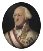 Painting of a white-haired man with a receding hairline. He wears a white military uniform with gold braid on the collar while his chest is adorned with a large silver award and a red and white sash.