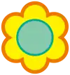 A yellow flower with a light blue center and orange outline.