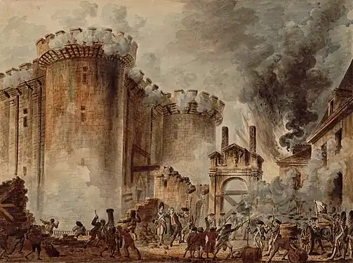 On the left-hand side of the piece, a building with towers is being attacked and is bathed in flames. On the right-hand side of the work, black smoke billows around. At the base of the piece, small people are fighting and destroying the building brick by brick.