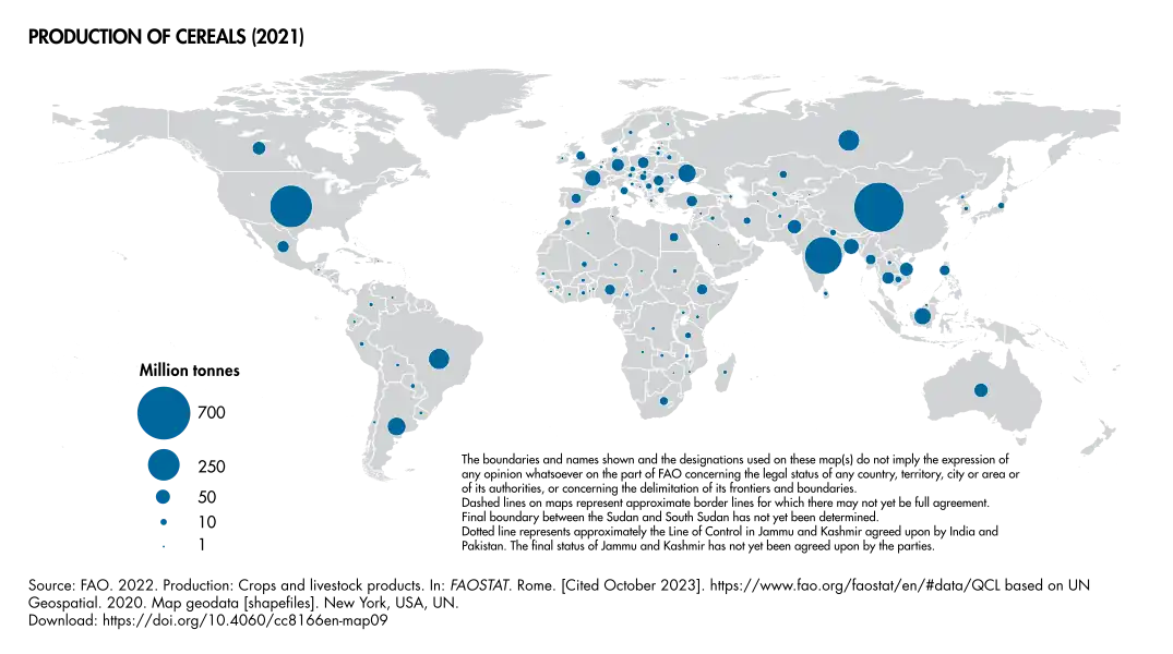 Production of cereals worldwide, by country in 2021