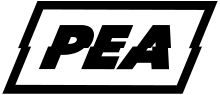 The initialism P E A in black capital letters, surrounded by a black rectangle, slanted to the right and with a slight split horizontally down the middle