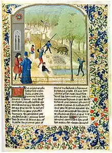 Illustration c. 1480 of medieval Europeans using a blowgun to hunt birds.