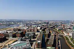 Aerial view of western HafenCity and Speicherstadt (2013)