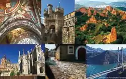 Main sights from the province of León. From left to right: Pantheon of San Isidoro, Ponferrada castle, Las Médulas, Astorga, Castrillo de los Polvazares, Barrios de Luna Reservoir.