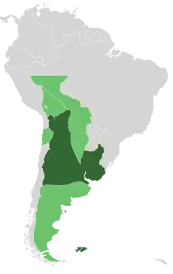 The United Provinces of the Río de la Plata in 1816. Territory under effective control shown in dark green; territories under royalist or indigenous rule shown in light green.