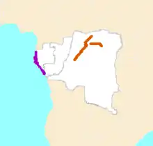 Map of west Central Africa showing highlighted range with year round range in western Gabon and Republic of the Congo and breeding range in a small portion of DRC