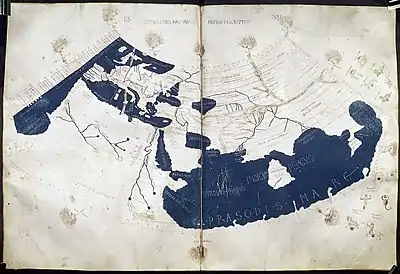 The Ptolemy world map, including the countries of "Serica" and "Sinae" (Cattigara) at the extreme right beyond the island of "Taprobane" (Sri Lanka) and the "Aurea Chersonesus" (Malay Peninsula).