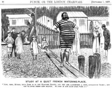 Cartoon by George du Maurier in Punch, 1877, showing men's and children's bathing suits