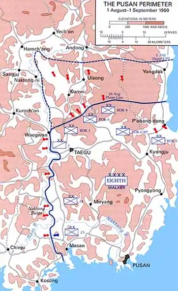 Map showing the dispositions of military forces around the Pusan Perimeter in August–September 1950.  Pusan is in the bottom righthand corner of the map, markings show that the US and their allies held land roughly rectangular in shape, approximately 30 miles east–west, and 60 north-south on 3 August, shrinking to 40 miles north–south by 26 August.  The map also shows that much of the terrain is very hilly.