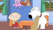 A screenshot of the Family Guy episode 'Quagmire's Dad', showcasing Brian Griffin throwing up upon learning that he slept with a trans woman