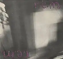 A blurry black-and-white photo with "r.e.m." scrawled in purple in the top right corner and again upside down in the bottom left corner