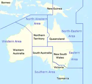 Map of Australia showing state borders, with RAAF area command boundaries superimposed