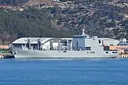 Republic of Korea Navy Fast Combat Support Ship "Soyang"(AOE-51) berthed at Busan Naval Base in Jan 2020.