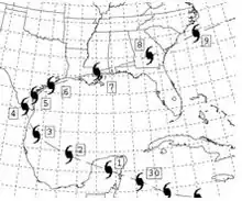 A map centered on the Gulf of Mexico, including parts of the northern Caribbean Sea, eastern Mexico, the Southeastern United States, and the Western Atlantic, with present-day U.S. state and national boundaries highlighted. An approximate track of the hurricane has been drawn, appearing as a parabola.