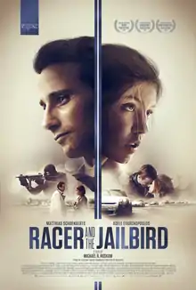 A man looks to the left, beneath him is a masked man holding a machine gun. A line vertically divides the poster. A woman is looking right, beneath her a line of race cards