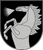 A coat of arms depicting a silver horse that is rearing and neighing all on a dark green background bordered by a thin silver line