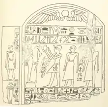 Rahotep (raising arms) while offering to Osiris. Stele BM EA 833, drawn by Wallis Budge.