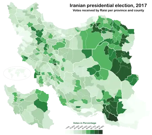 Votes received by Raisi per province and county