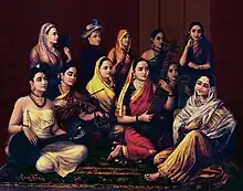 Galaxy of Musicians by Raja Ravi Varma depicting women in various styles of sari.