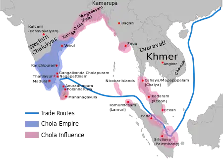 Map showing the greatest extent of the Chola empire c. 1030 under Rajendra I: territories are shown in blue, subordinates and areas of influence are shown in pink.