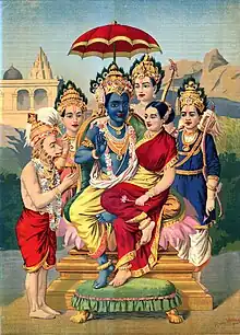 Painting of a blue Rama under a small red-and-yellow umbrella, with other characters from the Ramayana