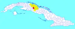 Ranchuelo municipality (red) within  Villa Clara Province (yellow) and Cuba