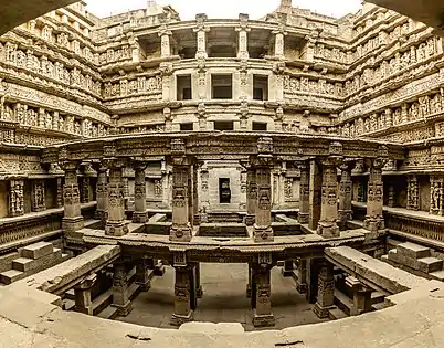 Rani ki Vav is an 11th-century stepwell, built by the Chaulukya dynasty, located in Patan.  The stepwell remains well-preserved, but is partly silted over.