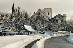 Ratzenried village in Argenbühl, including the castle of Ratzenried and the tower of the main church