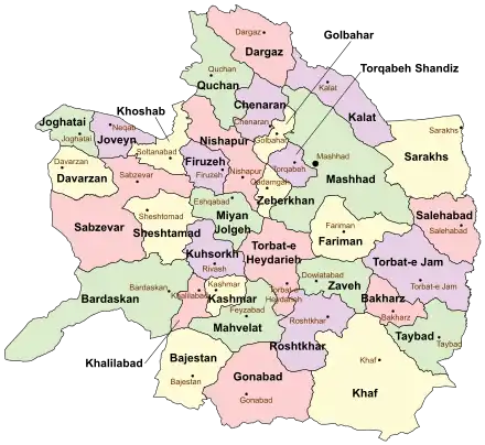 Location of Nishapur County in Razavi Khorasan province (top left, pink)