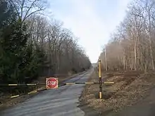 A gate made out of metal pipe with a STOP sign blocks a narrow blacktop road, which stretches off in a straight line into the distance between trees.