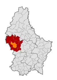 Map of Luxembourg with Redange highlighted in orange, and the canton in dark red