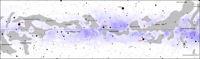 Main dark nebulae of the Solar apex half of the galactic plane, with the Rho Opiuchi cloud complex at the right edge