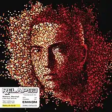 The cover image features a pill filled face of Eminem. At bottom-left title: RELAPSE, appears in bold and capitalised format.