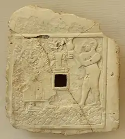 Relief of libation to a vegetation goddess (ca. 2500 BCE) found in ancient Girsu