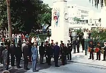 Remembrance Day Parade by the Governor of Bermuda, war veterans, Royal Navy, Royal Bermuda Regiment, Bermuda Police Service and other uniformed services at the Cenotaph on Front Street.