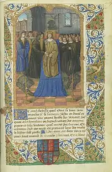 Rene II standing before the body of Charles the Bold, who wears a golden crown