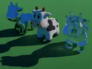 3D rendered image showing three copies of a cartoon cow. The one on the left has a mirror surface, and the one on the right uses a transparent glass material. The image is speckled with many white dots, especially in the shadowed areas, due to low quality settings in the renderer. The reflection, transparency, and lighting are realistic, but the speckles distract from this.