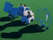3D rendered image showing three copies of a cartoon cow. The one on the left has a mirror surface, and the one on the right uses a transparent glass material. The shadows of the cows are blocky (like blurry pixels) due to low quality settings in the renderer.