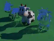 3D rendered image showing three copies of a cartoon cow. The one on the left has a mirror surface, and the one on the right uses a transparent glass material. The outlines of the cows and the shadows are smooth with no blockiness or angular defects. The lighting is realistic, including in the shadowed areas. The base surface is illuminated by bright spots and lines ("caustics") caused by light being focused by the reflective and transparent cows.
