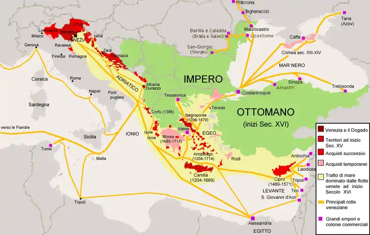 Territories, colonies and trade routes of the Republic of Venice