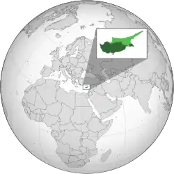 Location of the Republic of Cyprus in dark green, Turkish Republic of Northern Cyprus in light green